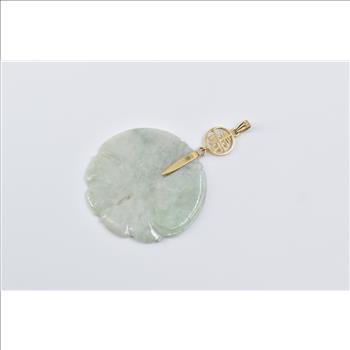 14K Carved Jadeite Pisces Fish Chinese Longevity Yellow Gold Pendant