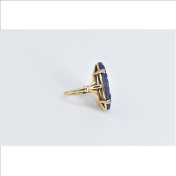 14K Carved Lapis Lazuli Floral Motif Ornate Oval Yellow Gold Ring, Size 7