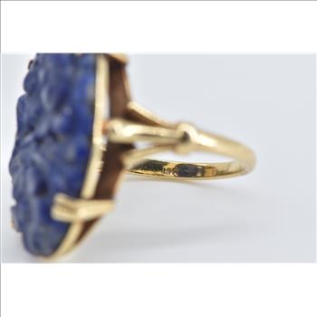 14K Carved Lapis Lazuli Floral Motif Ornate Oval Yellow Gold Ring, Size 7