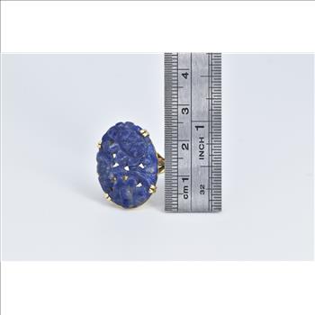 14K Carved Lapis Lazuli Floral Motif Ornate Oval Yellow Gold Ring, Size 7