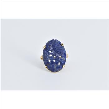 14K Carved Lapis Lazuli Floral Motif Ornate Oval Yellow Gold Ring, Size 7