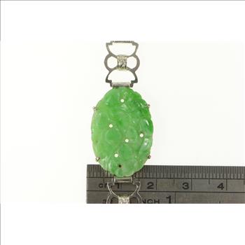 14K Carved Oval Floral Jade Elaborate Statement White Gold Bracelet 7.25