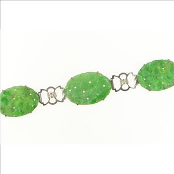 14K Carved Oval Floral Jade Elaborate Statement White Gold Bracelet 7.25