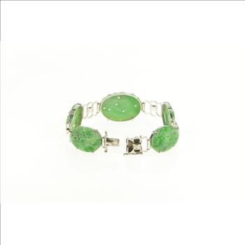 14K Carved Oval Floral Jade Elaborate Statement White Gold Bracelet 7.25
