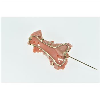 14K Carved Peach Coral Ornate Bird Nature Scene Yellow Gold Pin/Brooch
