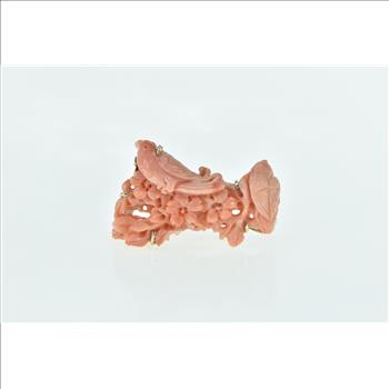 14K Carved Peach Coral Ornate Bird Nature Scene Yellow Gold Pin/Brooch