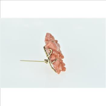 14K Carved Peach Coral Ornate Bird Nature Scene Yellow Gold Pin/Brooch