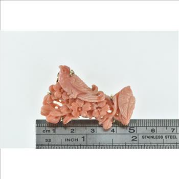 14K Carved Peach Coral Ornate Bird Nature Scene Yellow Gold Pin/Brooch