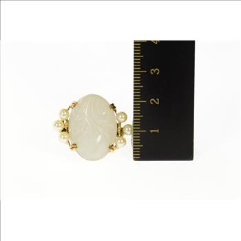 14K Carved Swirl Quartz Retro Pearl Accent Yellow Gold Ring, Size 3.5