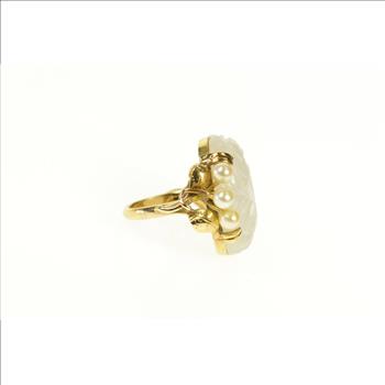 14K Carved Swirl Quartz Retro Pearl Accent Yellow Gold Ring, Size 3.5