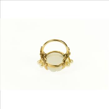14K Carved Swirl Quartz Retro Pearl Accent Yellow Gold Ring, Size 3.5