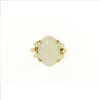 14K Carved Swirl Quartz Retro Pearl Accent Yellow Gold Ring, Size 3.5