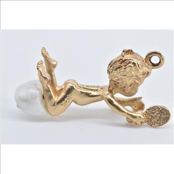 14K Cherub Cupid Pearl Baby Angel Valentine Yellow Gold Charm/Pendant