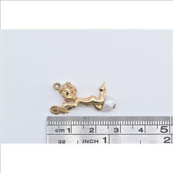 14K Cherub Cupid Pearl Baby Angel Valentine Yellow Gold Charm/Pendant