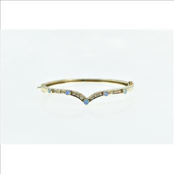 14K Chevron Opal Diamond Ornate Vintage Bangle Yellow Gold Bracelet 6.25
