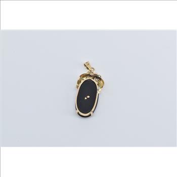 14K Chinese Fortune Character Black Onyx Ornate Yellow Gold Pendant