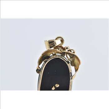 14K Chinese Fortune Character Black Onyx Ornate Yellow Gold Pendant