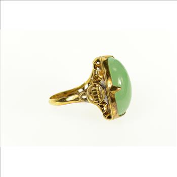 14K Chinese Oval Jade Ornate Statement Cocktail Yellow Gold Ring, Size 8.25