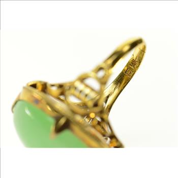 14K Chinese Oval Jade Ornate Statement Cocktail Yellow Gold Ring, Size 8.25