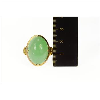 14K Chinese Oval Jade Ornate Statement Cocktail Yellow Gold Ring, Size 8.25