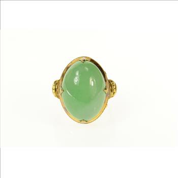 14K Chinese Oval Jade Ornate Statement Cocktail Yellow Gold Ring, Size 8.25