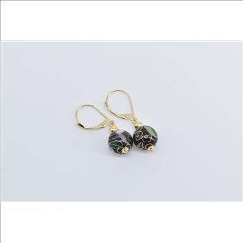 14K Cloisonne Enamel Floral Ball Vintage Dangle Yellow Gold Earrings