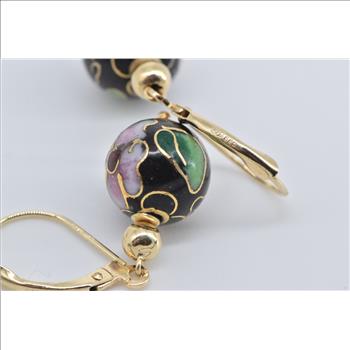 14K Cloisonne Enamel Floral Ball Vintage Dangle Yellow Gold Earrings