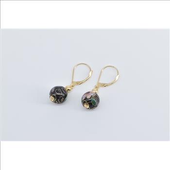 14K Cloisonne Enamel Floral Ball Vintage Dangle Yellow Gold Earrings