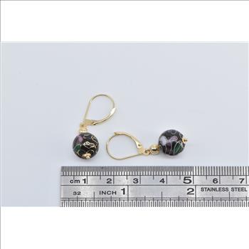 14K Cloisonne Enamel Floral Ball Vintage Dangle Yellow Gold Earrings