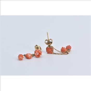 14K Coral Carved Rose Flower Fringe Chain Dangle Yellow Gold Earrings