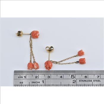 14K Coral Carved Rose Flower Fringe Chain Dangle Yellow Gold Earrings