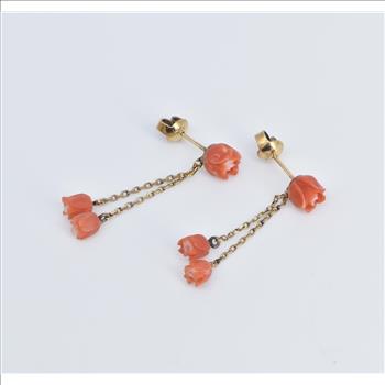 14K Coral Carved Rose Flower Fringe Chain Dangle Yellow Gold Earrings