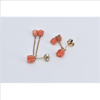 14K Coral Carved Rose Flower Fringe Chain Dangle Yellow Gold Earrings