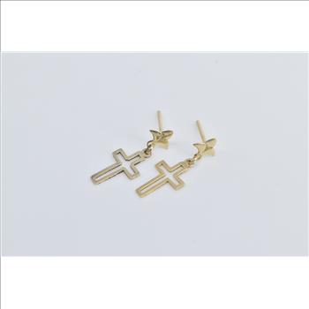 14K Cross Christian Faith Symbol Religious Dangle Yellow Gold Earrings