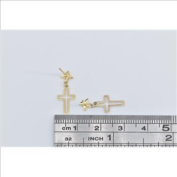14K Cross Christian Faith Symbol Religious Dangle Yellow Gold Earrings