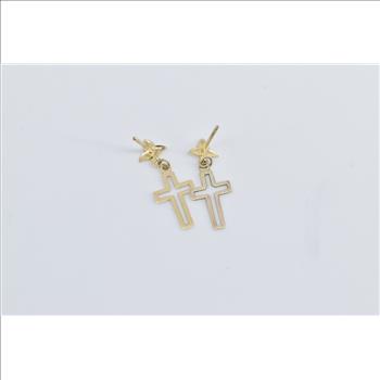 14K Cross Christian Faith Symbol Religious Dangle Yellow Gold Earrings