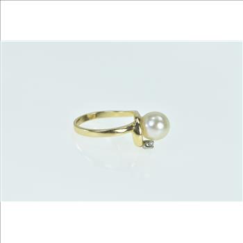 14K Cultured Pearl Diamond Ornate Curvy Vintage Yellow Gold Ring, Size 5.25