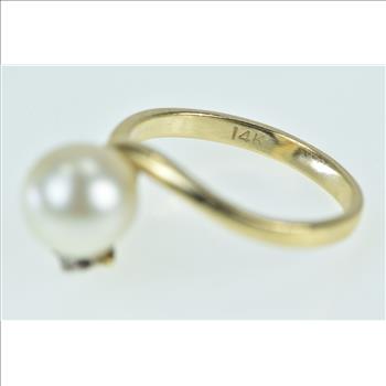 14K Cultured Pearl Diamond Ornate Curvy Vintage Yellow Gold Ring, Size 5.25
