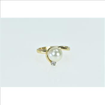 14K Cultured Pearl Diamond Ornate Curvy Vintage Yellow Gold Ring, Size 5.25