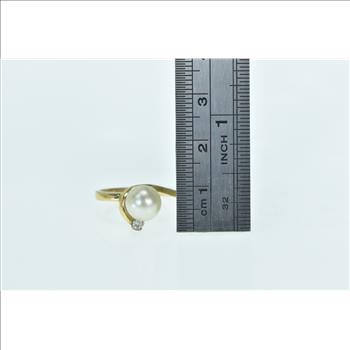 14K Cultured Pearl Diamond Ornate Curvy Vintage Yellow Gold Ring, Size 5.25