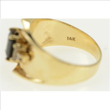 14K Dark Green Blue & White Sapphire Wide Yellow Gold Ring, Size 8