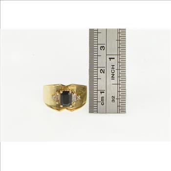 14K Dark Green Blue & White Sapphire Wide Yellow Gold Ring, Size 8