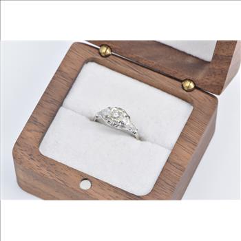 14K Diamond Art Deco Filigree Engagement White Gold Ring, Size 5