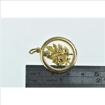 14K Diamond Cut Rose Flower Floral Motif Round Yellow Gold Charm/Pendant