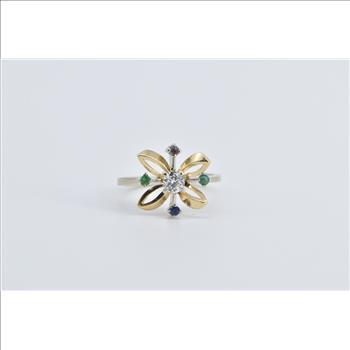 14K Diamond Emerald Ruby Sapphire Flower Yellow Gold Ring, Size 4.75