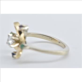14K Diamond Emerald Ruby Sapphire Flower Yellow Gold Ring, Size 4.75