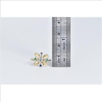 14K Diamond Emerald Ruby Sapphire Flower Yellow Gold Ring, Size 4.75