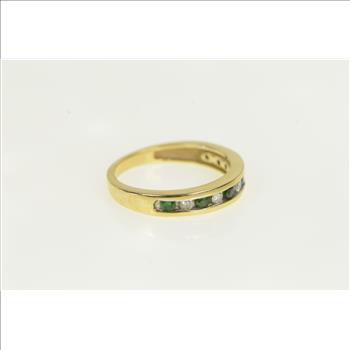 14K Diamond Emerald Vintage Wedding Band Yellow Gold Ring, Size 7