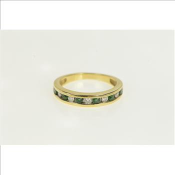 14K Diamond Emerald Vintage Wedding Band Yellow Gold Ring, Size 7
