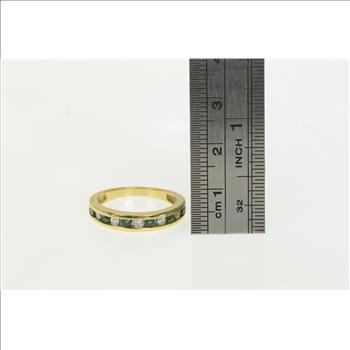 14K Diamond Emerald Vintage Wedding Band Yellow Gold Ring, Size 7